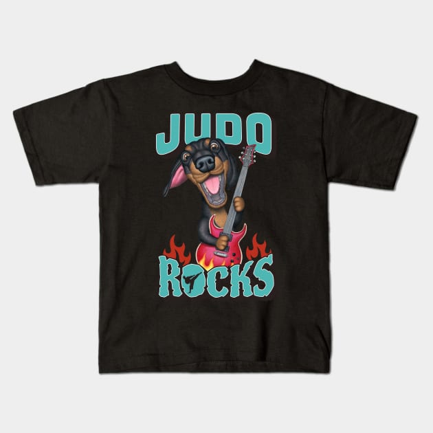 Judo Rocks with Dachshund Doxie Dog with guitar tee Kids T-Shirt by Danny Gordon Art